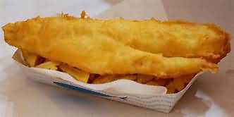 Cod, in batter, fried in dripping, takeaway