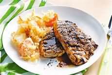 Pork, chump chops, fried in corn oil, lean and fat