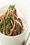 Beef, rump steak, strips, stir-fried in corn oil, lean and fat