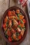 Beef, stewing steak, frozen, stewed, lean and fat