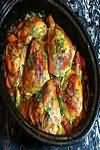 Chicken, thighs, casseroled, meat and skin, weighed with bone